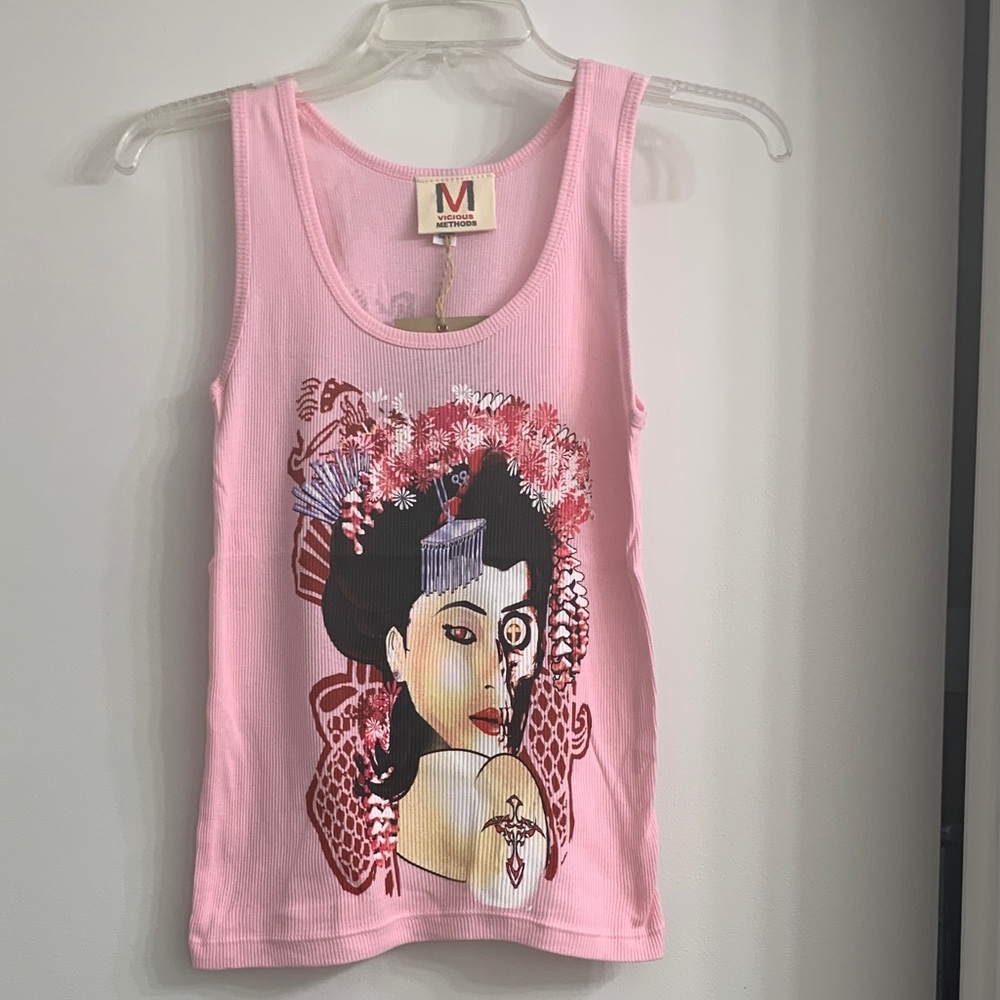 New. Vicious Methods. Pink Sleeveless Tank Top with Geisha Graphic